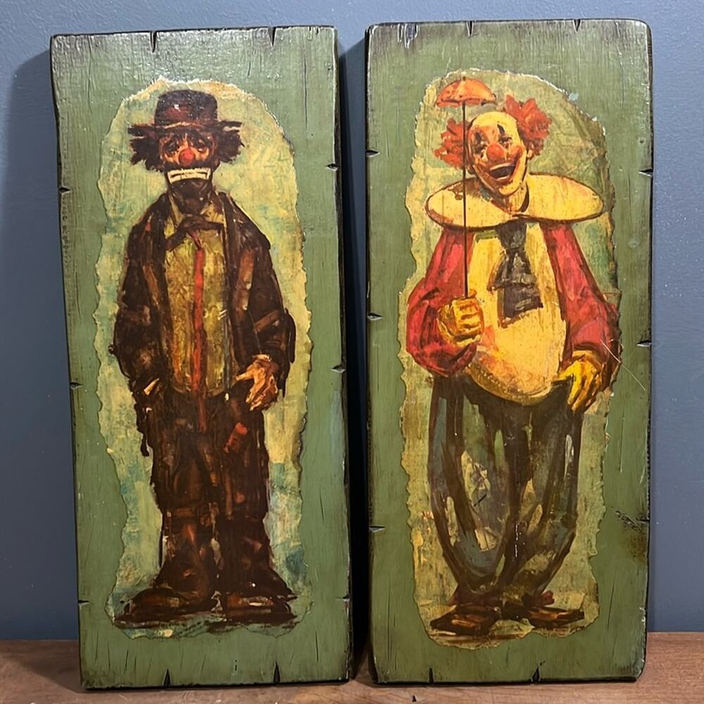 Vintage folk art Bardot clowns on wood planks set of 2 1960's happy sad faces